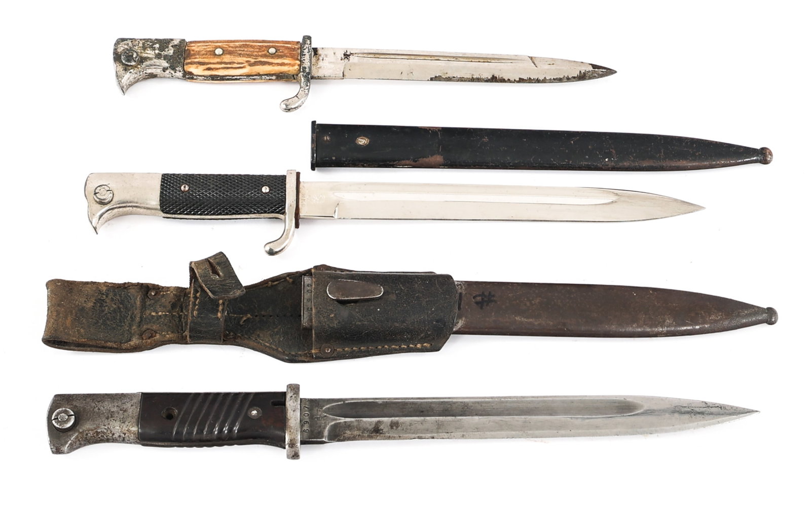 LATE 19th C. K98 DRESS & COMBAT BAYONETS LOT OF 3: LATE 19th C. K98 DRESS & COMBAT BAYONETS LOT OF 3 Late 19th Century K98 Dress & Combat Bayonets. (1) K98 Combat Bayonet with matching serial numbers. Single edged, bright blade with fuller. Serial num
