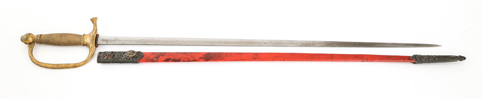 US M1840 NCO SWORD W/ SCABBARD: US M1840 NCO SWORD W/ SCABBARD US M1840 NCO Sword with Scabbard. Double edged, bright straight blade. No visible maker marks. Leather buffer pad. Brass hilt with "D" guard. Grooved grip and urn shaped