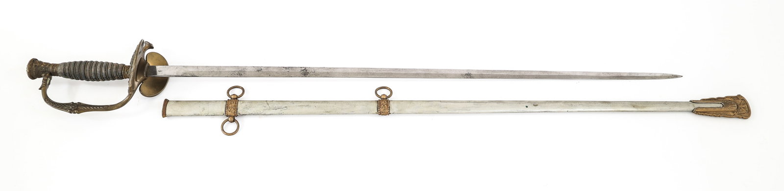US M1860 STAFF & FIELD OFFICER SWORD: US M1860 STAFF & FIELD OFFICER SWORD Late 19th Century M1860 Staff and Field Officer's Dress Sword. Straight, double edged, diamond section, bright blade. Maker mark of WKC and distributor mark of The