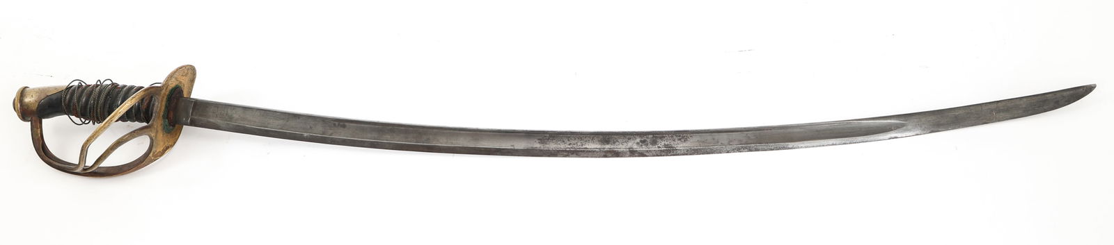 CIVIL WAR US M1860 CAVALRY SWORD: CIVIL WAR US M1860 CAVALRY SWORD Civil War US Model 1860 Light Cavalry Sword. Bright, single edged curved blade with dual fullers. No maker marks visible. Leather buffer pad present. Brass hilt with t