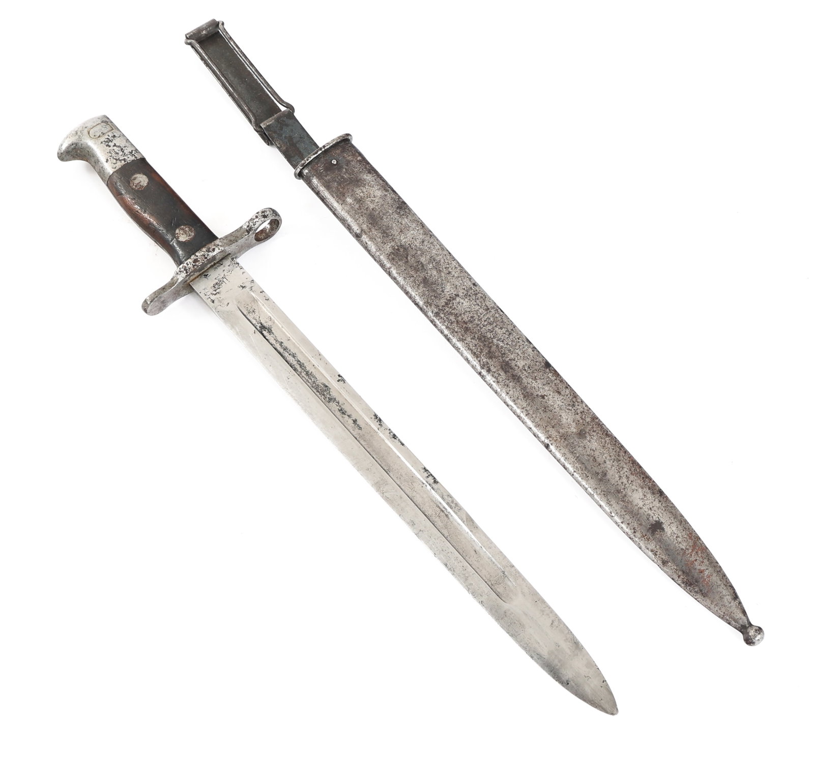 US ARMY MODEL 1892 KRAG BAYONET W/ SCABBARD: US ARMY MODEL 1892 KRAG BAYONET W/ SCABBARD Late 19th Century US Army M1892 Krag Bayonet With Scabbard. Single edged, bright blade with fuller. "1894" stamped on one side of the ricasso, "US" on the r