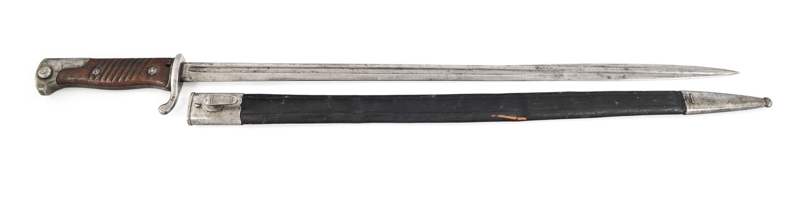 IMPERIAL GERMAN M1898 BAYONET By WKC: IMPERIAL GERMAN M1898 BAYONET By WKC Imperial German M1898 Bayonet By WKC. Single edged, quillback blade with fuller. Maker mark of WKC stamped on the ricasso, proof / acceptance marks on the spine. S