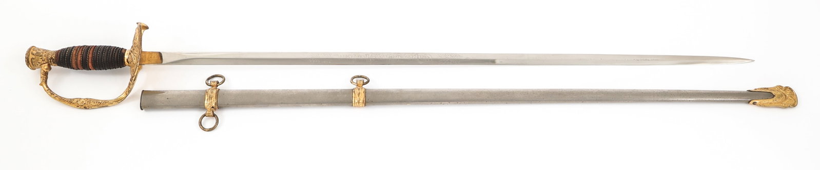 DEMOLAY FRATERNAL M1860 PRESENTATION SWORD: DEMOLAY FRATERNAL M1860 PRESENTATION SWORD WWI US DeMolay Fraternal Organization M1860 Officer Style Presentation Sword. Double edged, bright, double acid etched bright blade with no fuller. "Presente