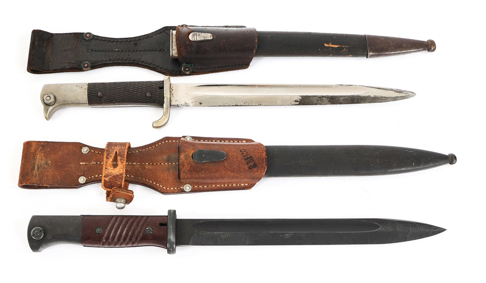 WWII GERMAN K98 DRESS & COMBAT BAYONET LOT OF 2: WWII GERMAN K98 DRESS & COMBAT BAYONET LOT OF 2 Lot of 2 WWII German Bayonets. (1) WWII German Army K98 Dress Bayonet. Single edged bright blade with fuller. Maker mark of Alexander Coppel, Solingen s