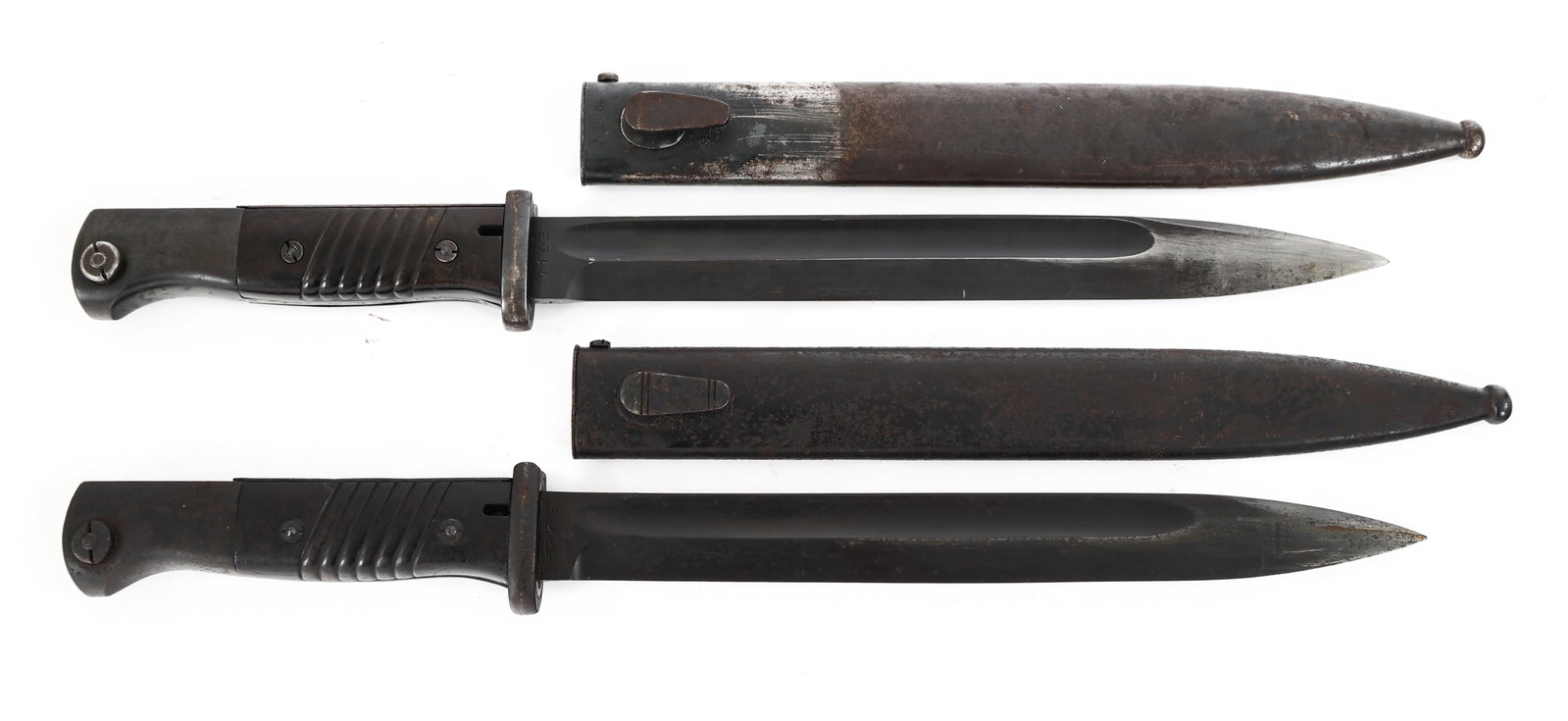 WWII GERMAN K98 COMBAT BAYONET LOT OF 2: WWII GERMAN K98 COMBAT BAYONET LOT OF 2 Lot of 2 WWII German K98 Combat Bayonets. (1) K98 Combat Bayonet. Single edged, blued blade with fuller. Marked "41asw" on one side of the ricasso and "3295n" o