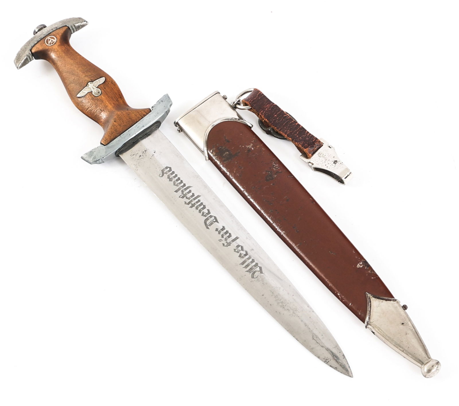 WWII GERMAN SA DAGGER DAGGER By RZM M7 / 66: WWII GERMAN SA DAGGER DAGGER By RZM M7 / 66 WWII German SA "Sturmabteilung" Dress Dagger By RZM M7 / 66. Double edged, bright blade with acid etched motto "Alles Fur Deutschland" in light grey backgro