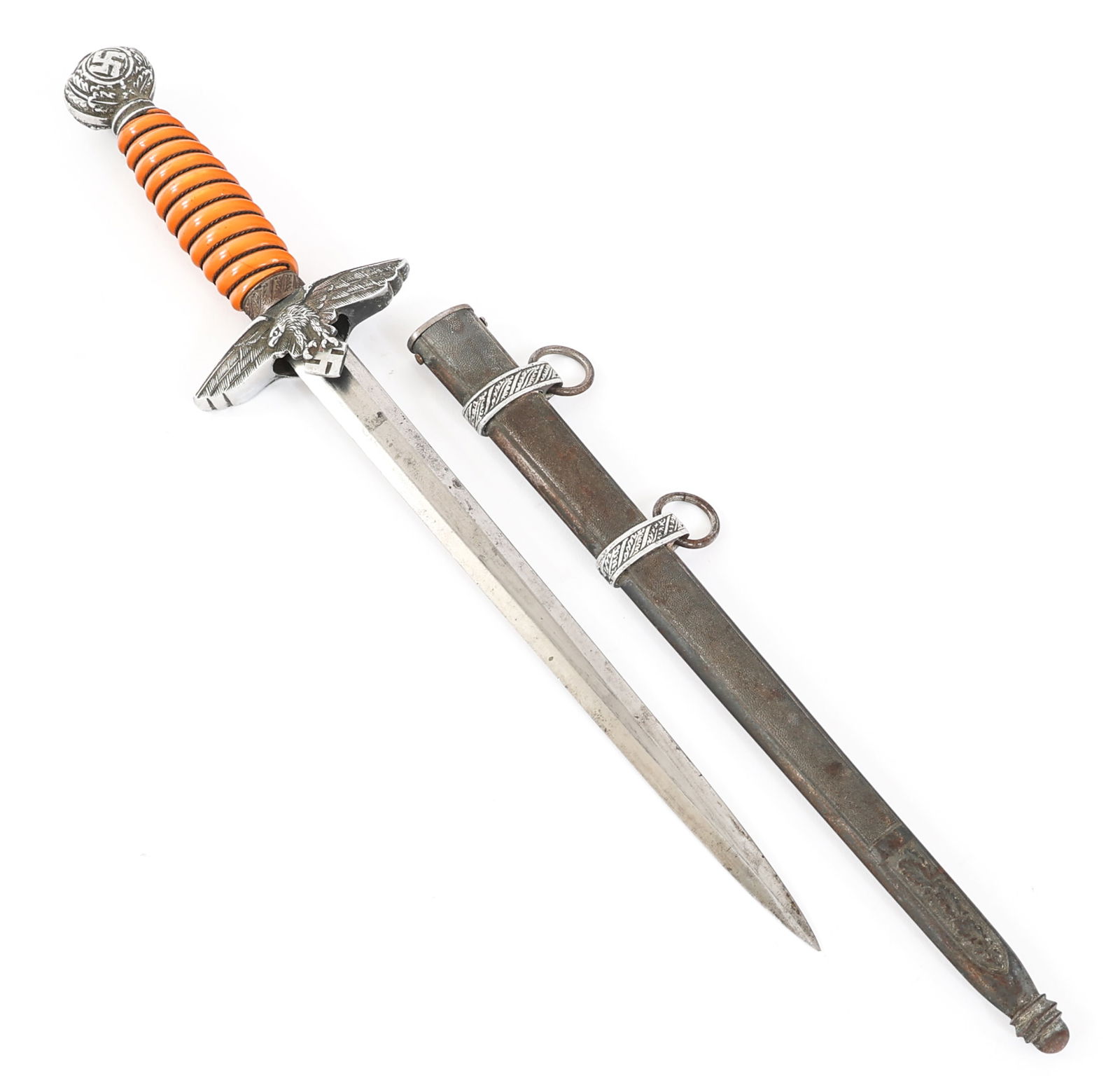 WWII GERMAN LUFTWAFFE 2nd MODEL DAGGER: WWII GERMAN LUFTWAFFE 2nd MODEL DAGGER WWII German 2nd Model Luftwaffe Dress Dagger. Double edged, bright blade. No visible maker mark. Nickel - silver plated based eagle crossguard and pommel. Orange