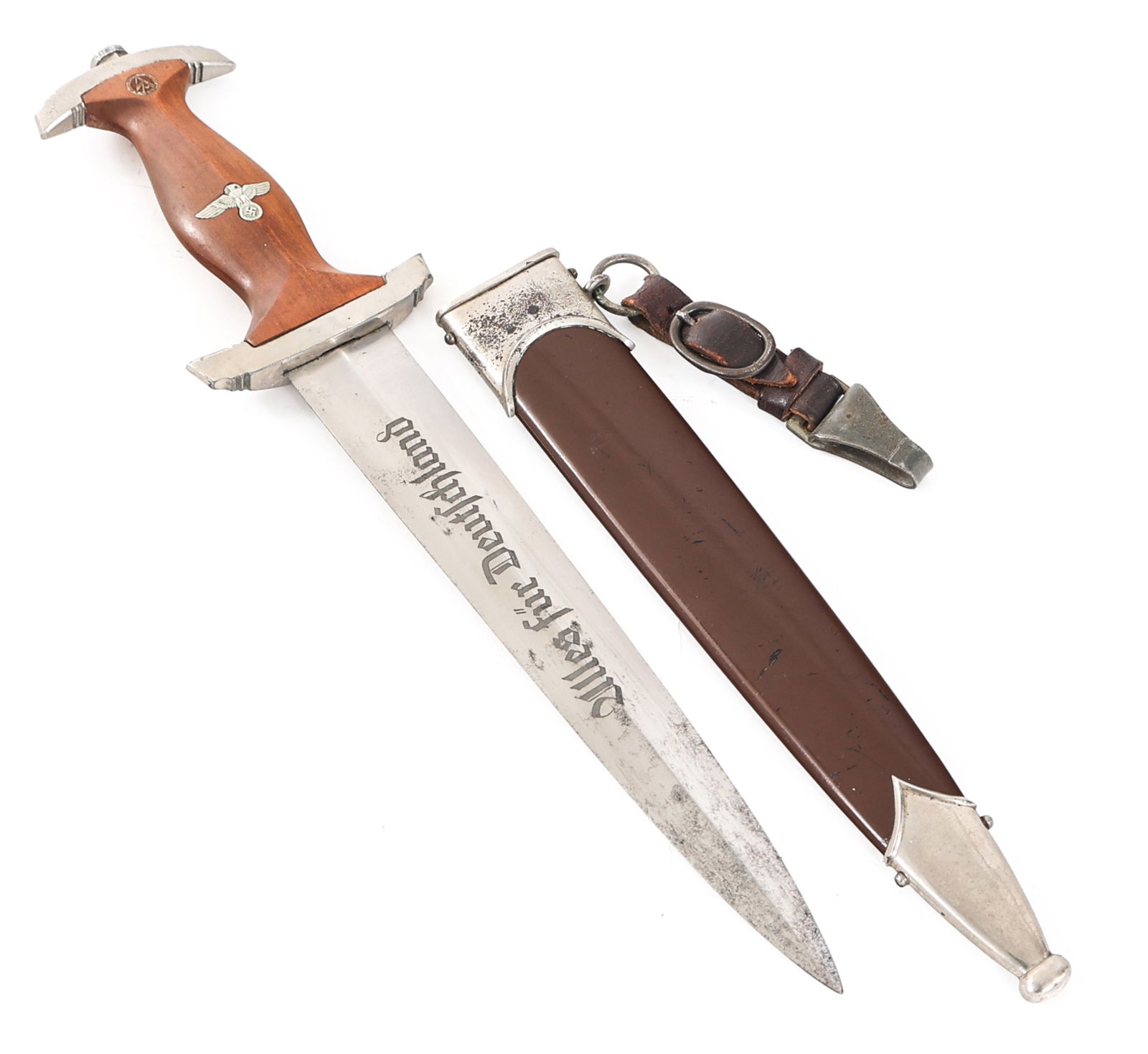 WWII GERMAN SA DRESS DAGGER By RZM M7/37: WWII GERMAN SA DRESS DAGGER By RZM M7/37 WWII German SA "Sturmabteilung" Dress Dagger. Double edged, bright blade with acid etched motto "Alles Fur Deutschland" in light grey background. Highly visibl