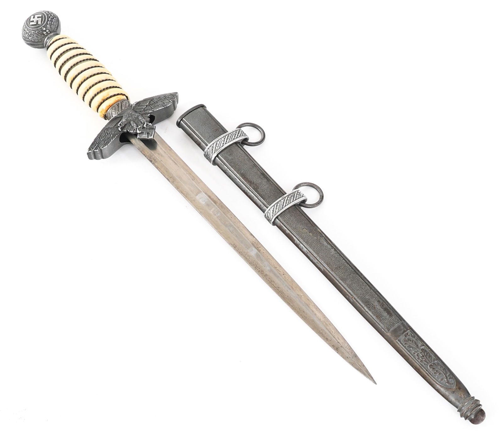 WWII GERMAN 2nd MODEL LUFTWAFFE DAGGER By ALCOSO: WWII GERMAN 2nd MODEL LUFTWAFFE DAGGER By ALCOSO WWII German M1937 2nd Model Luftwaffe Dress Dagger (Fliegerdolch). Double edged, straight, bright blade with maker mark by Alexander Coppel etched on o