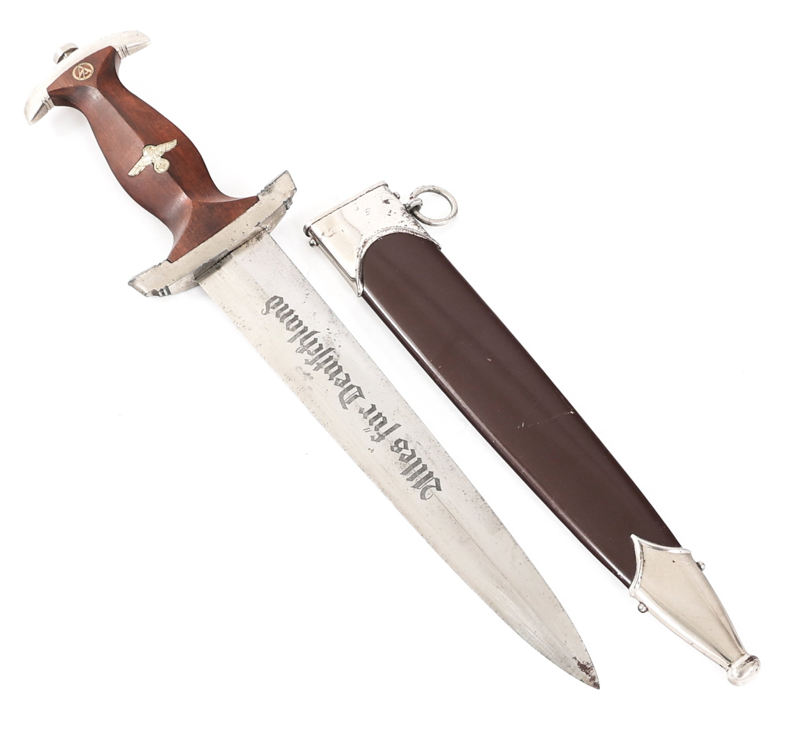 WWII GERMAN SA DRESS DAGGER By RZM M7/13: WWII GERMAN SA DRESS DAGGER By RZM M7/13 WWII German SA "Sturmabteilung" Dress Dagger. Double edged, bright blade with acid etched motto "Alles Fur Deutschland" in light grey background. Visible cross