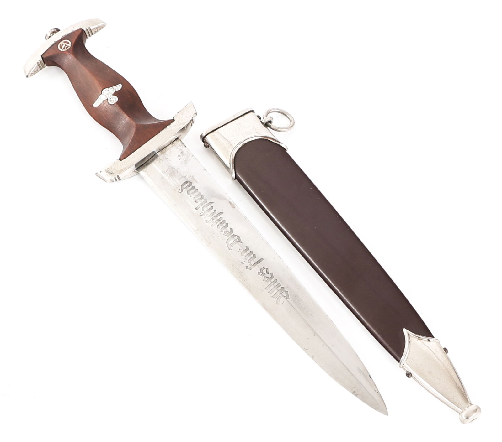 WWII GERMAN SA DRESS DAGGER By C. EICKHORN: WWII GERMAN SA DRESS DAGGER By C. EICKHORN WWII German SA "Sturmabteilung" Dress Dagger. Double edged, bright blade with acid etched motto "Alles Fur Deutschland" in light grey background. Visible cro