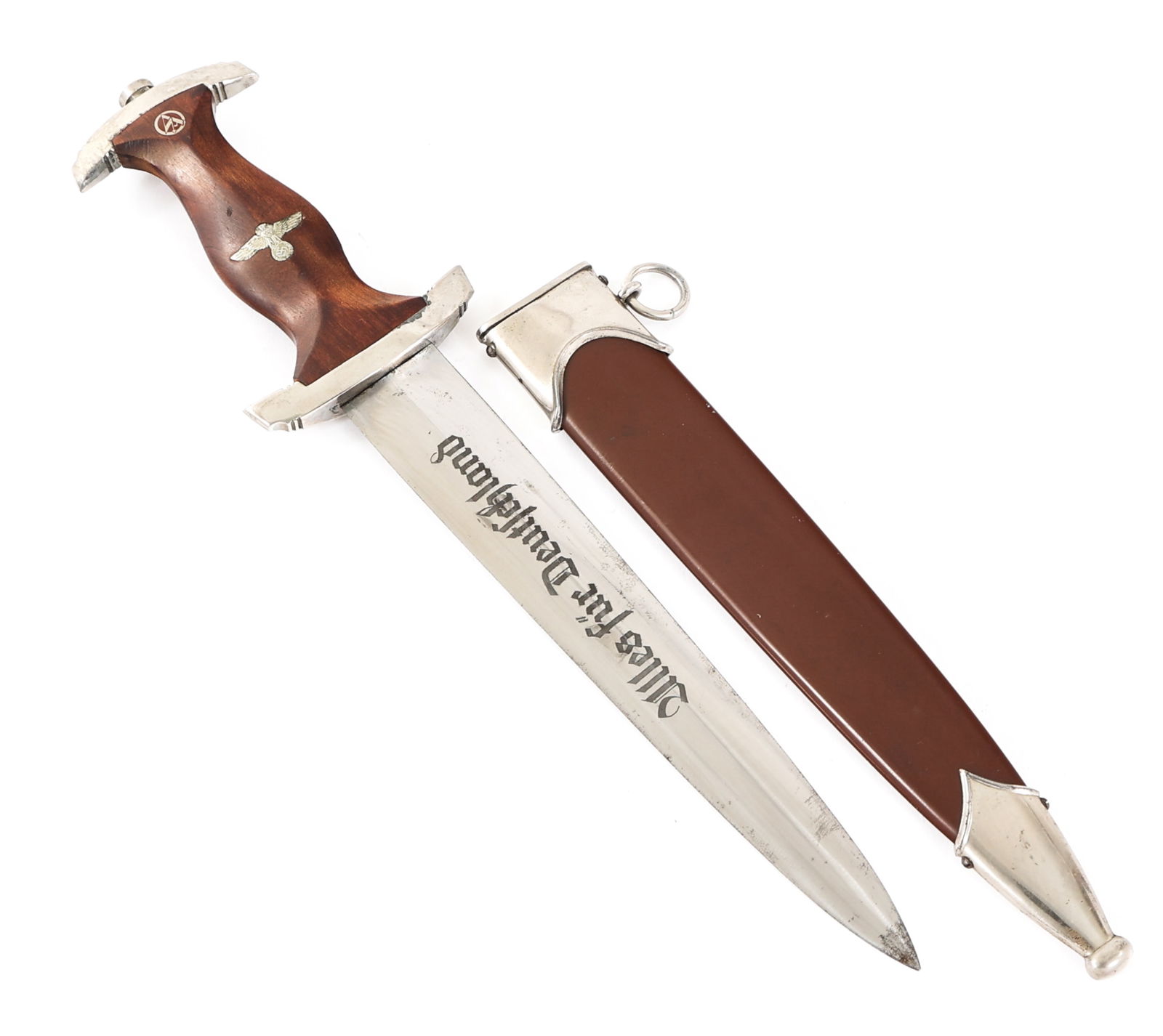 WWII GERMAN SA DRESS DAGGER RZM M7/2: WWII GERMAN SA DRESS DAGGER RZM M7/2 WWII German SA "Sturmabteilung" Dress Dagger RZM M7 / 2. Double edged, bright blade with acid etched motto "Alles Fur Deutschland" in light grey background. Visibl