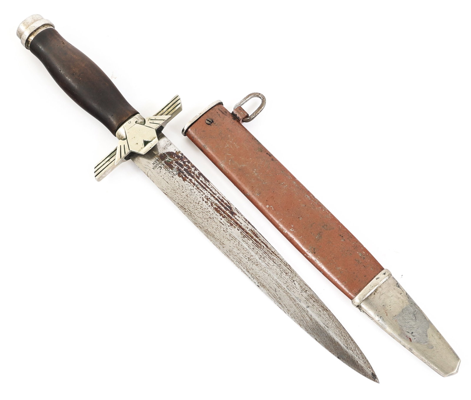 WWII GERMAN 1st MODEL RLB ENLISTED MAN DAGGER: WWII GERMAN 1st MODEL RLB ENLISTED MAN DAGGER WWII German 1st Model RLB Enlisted Man Dagger. Bright, double edged blade. Maker marked by WKC Waffenfabrik Solingen on the ricasso. Leather buffer pad. S
