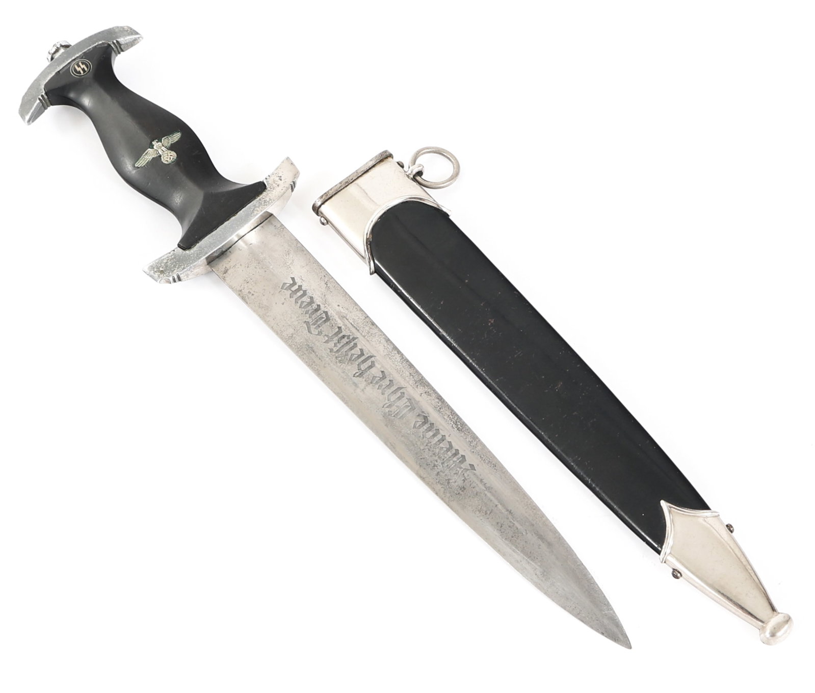 WWII GERMAN MODEL 1936 SS EM DRESS DAGGER: WWII GERMAN MODEL 1936 SS EM DRESS DAGGER WWII German Model 1936 SS Enlisted Man's Dress Dagger. Double edged, straight blade. Acid etched motto "Meine Ehre Heißt Treue" in light grey background. Sli
