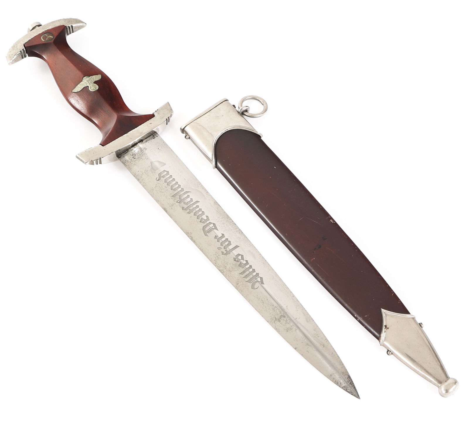 WWII GERMAN SA DRESS DAGGER by HOLLER: WWII GERMAN SA DRESS DAGGER by HOLLER WWII German SA "Sturmabteilung" Dress Dagger. Double edged blade with acid etched motto "Alles Fur Deutschland" in light grey background. Slightly visible crossgr