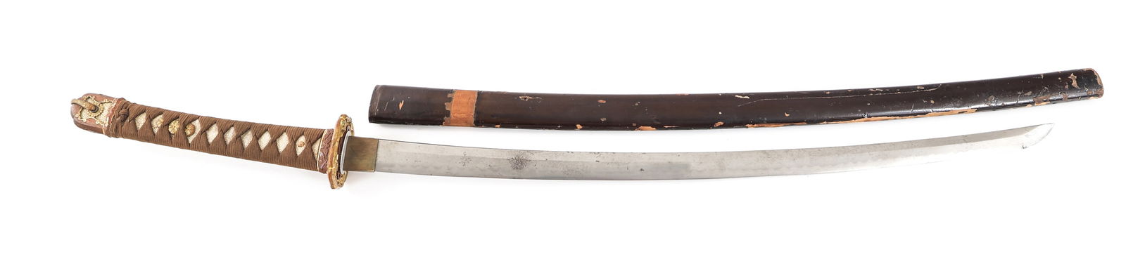 WWII JAPANESE ARMY OFFICER TYPE 98 SHIN GUNTO: WWII JAPANESE ARMY OFFICER TYPE 98 SHIN GUNTO WWII Imperial Japanese Army Officer Type 98 Shin Gunto Sword. Single edged, curved, bright blade. Gunome style Hamon. Brass Habaki and Fuchi. Steel seppas