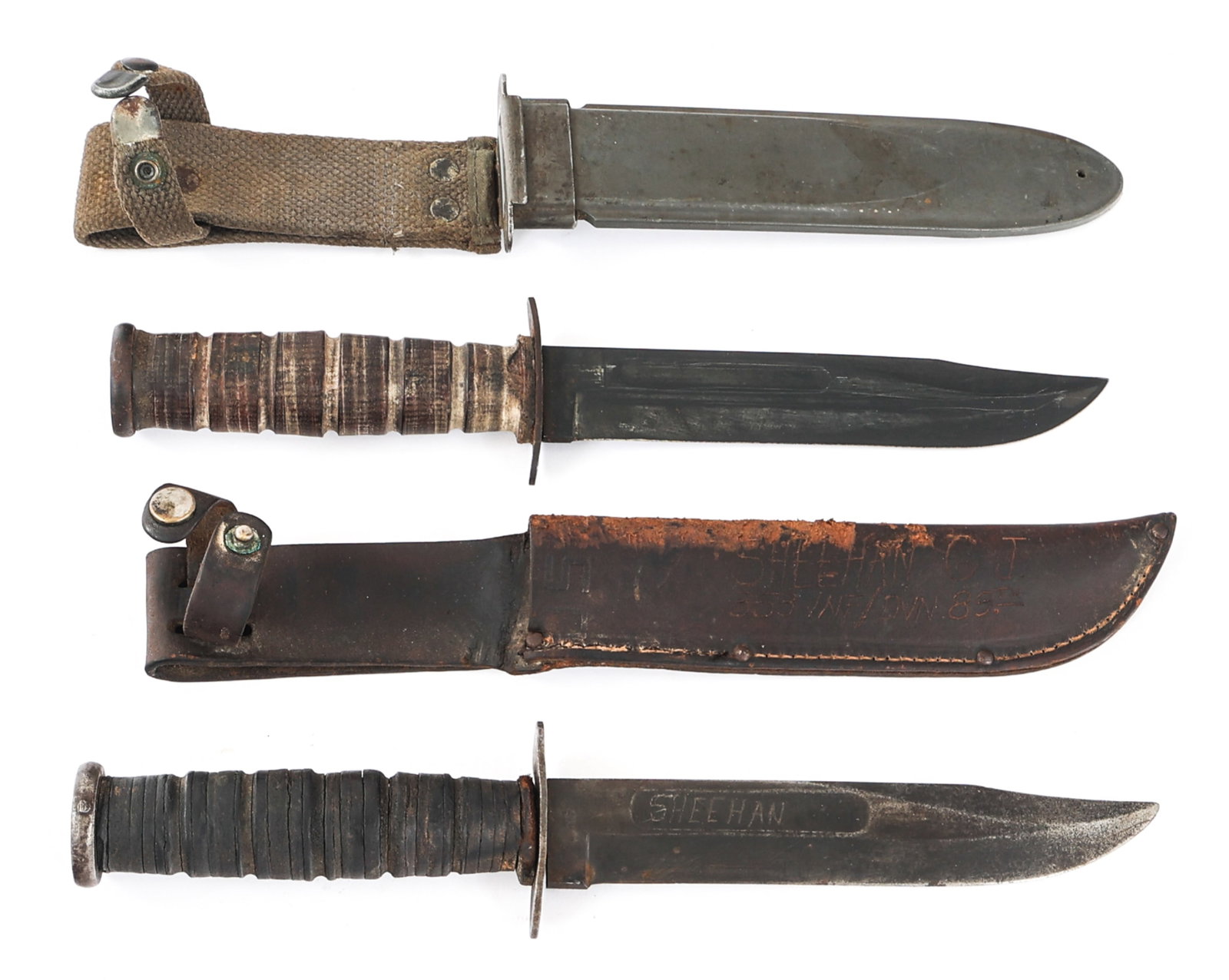 WWII USN MK2 FIGHTING KNIFE by CAMILLUS LOT OF 2: WWII USN MK2 FIGHTING KNIFE by CAMILLUS LOT OF 2 Lot of 2 WWII US Navy Mk2 Utility Knives by Camillus. (1) Mk2 Knife by Camillus. Single edged, blued blade with fuller and clip point. "Sheehan" hand c