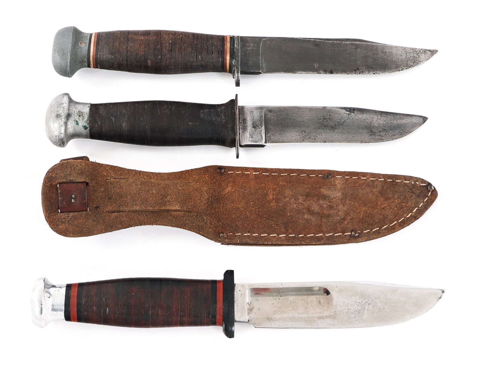 WWII USN MK1 UTILITY KNIFE LOT OF 3: WWII USN MK1 UTILITY KNIFE LOT OF 3 Lot of 3 WWII US Navy Mk Utility Knives. (1) USN Mk 1 Utility By Robeson. Clip point, single edged blade. Maker mark of Robeson Shuredge No. 20 stamped on one side 