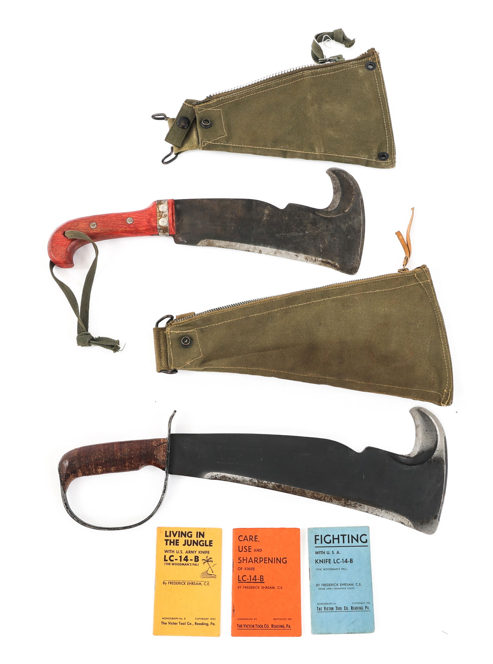 WWII US ARMY WOODSMAN'S PAL MACHETE LOT OF 2: WWII US ARMY WOODSMAN'S PAL MACHETE LOT OF 2 Lot of 2 WWII US Army Woodsman's Pal Machetes. (1) Woodman's Pal Machete. Curved, multi-edged blade. Maker mark of "Woodsman's Pal, 280 Trademark - PAT #23