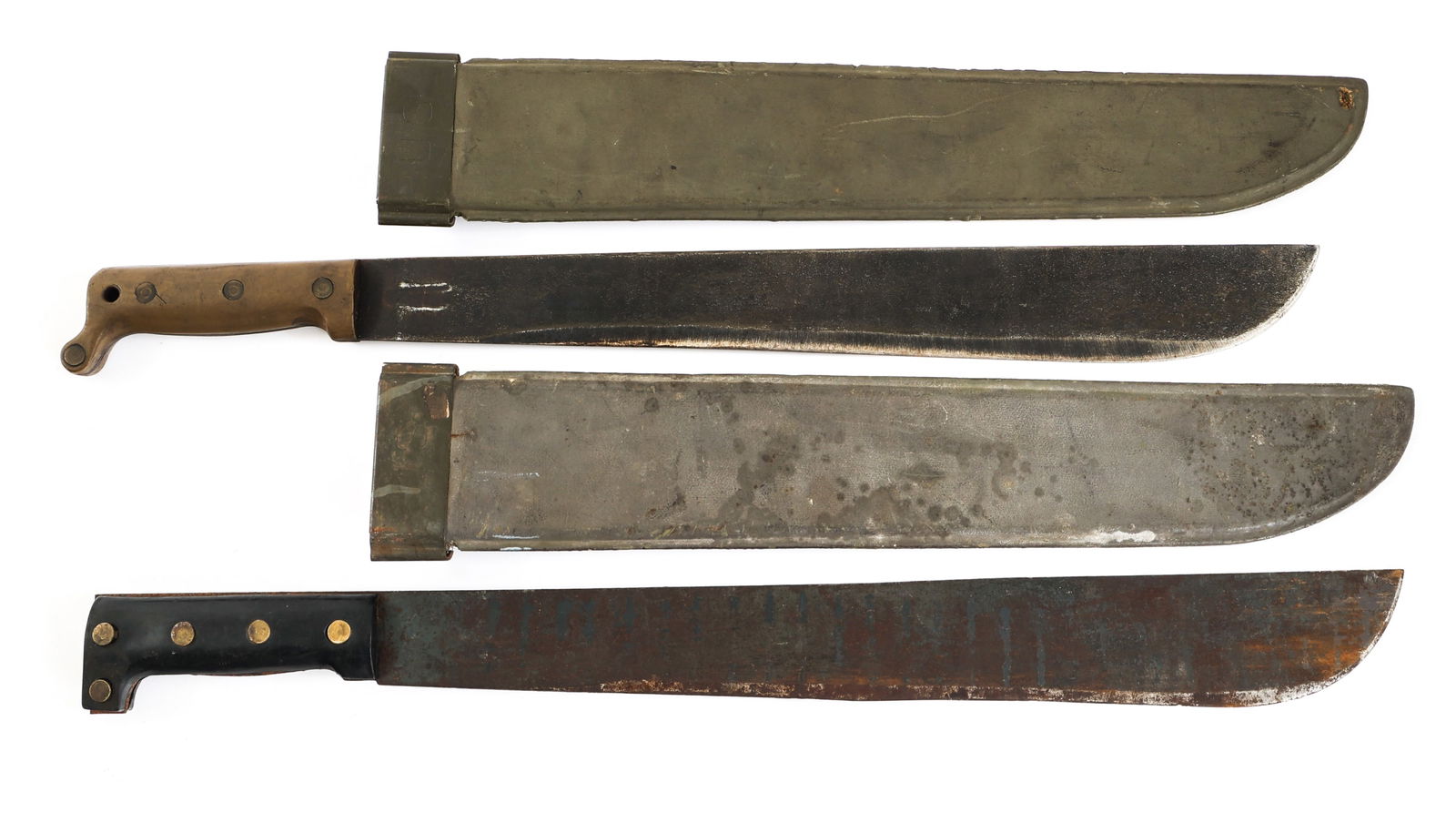 WWII US & BELGIAN MADE M1942 MACHETE LOT OF 2: WWII US & BELGIAN MADE M1942 MACHETE LOT OF 2 Lot of 2 WWII US and Belgian Made M1942 Machetes. (1) US Made M1942 Machete. Parkerized, single edged machete blade. Maker marked by True Temper and dated