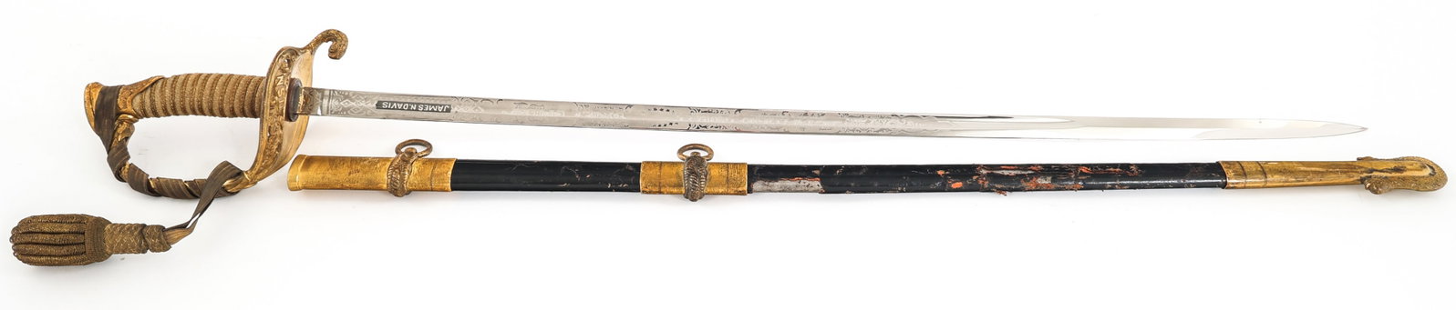 WWII US NAVY M1852 NAMED OFFICER DRESS SWORD: WWII US NAVY M1852 NAMED OFFICER DRESS SWORD WWII US Navy M1852 Named Officer Dress Sword. Single edged, bright, double acid etched blade with fuller. "James N. Davis" etched on one side of the blade 