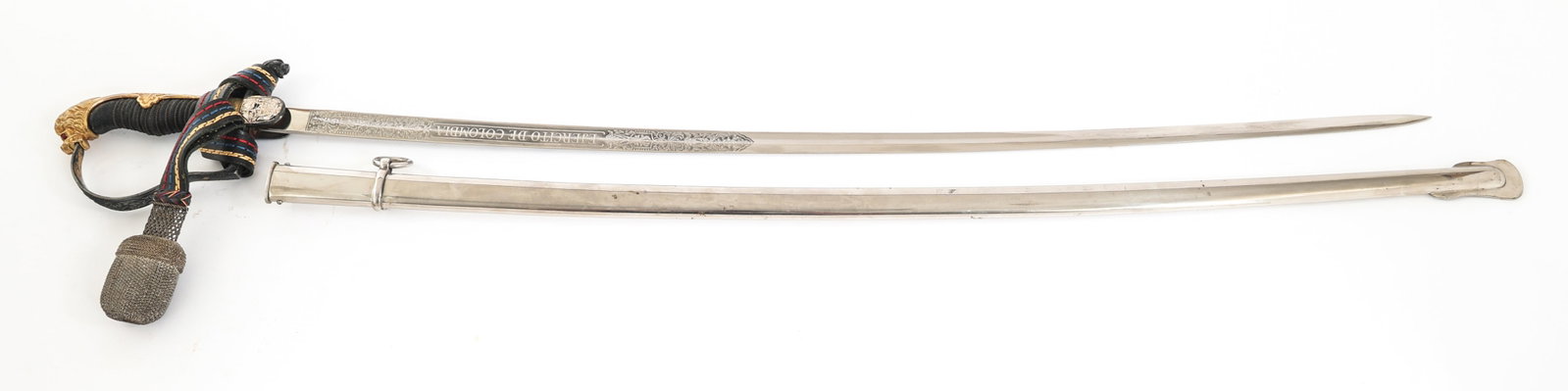 COLD WAR COLOMBIAN OFFICER DRESS SWORD By HOLLER: COLD WAR COLOMBIAN OFFICER DRESS SWORD By HOLLER Cold War Colombian Officer Dress Sword. Single edged, bright, triple acid etched blade with fuller. "Ejercito de Colombia" etched on one side of the bl