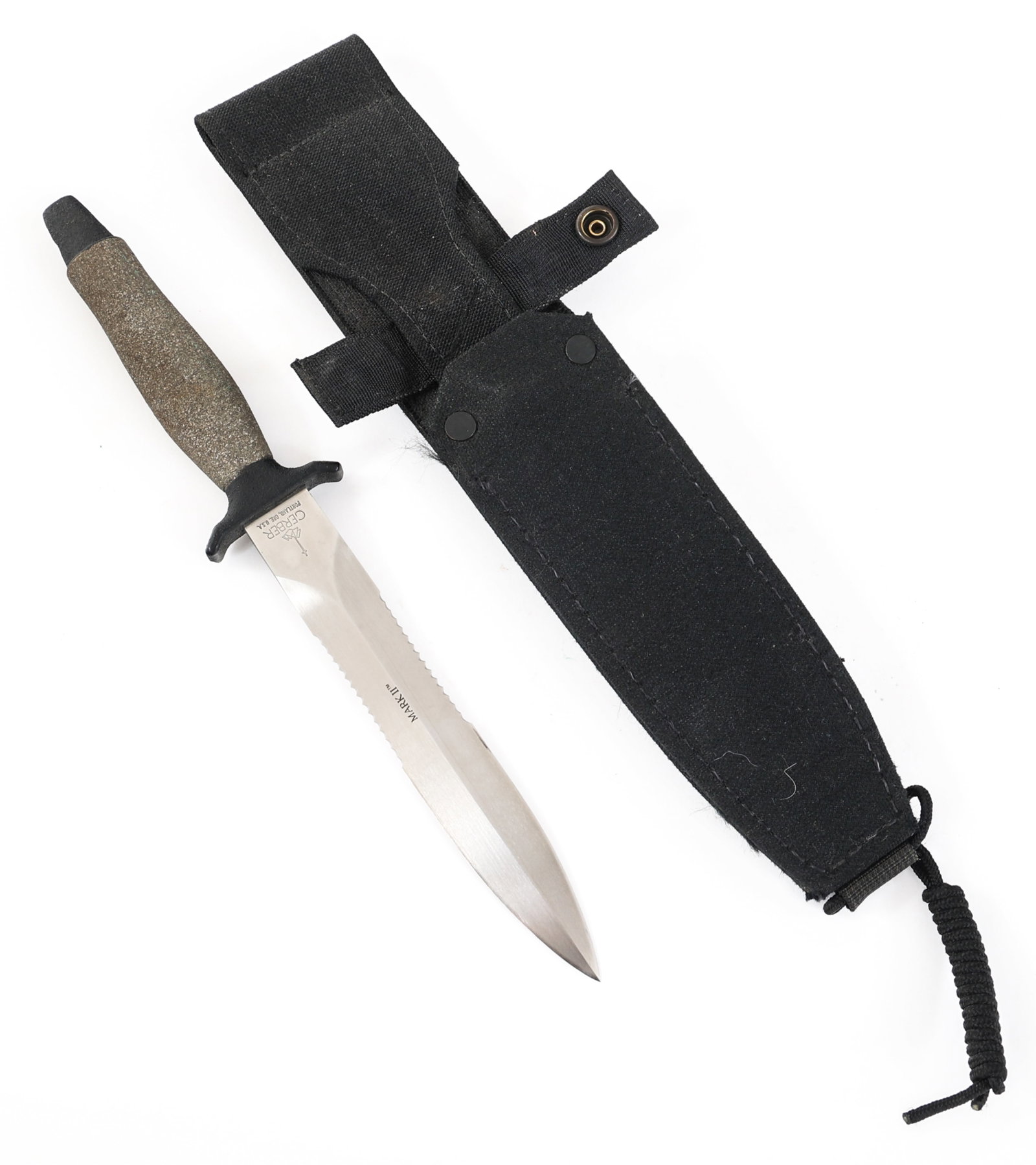 GERBER MKII CT5 COMBAT KNIFE: GERBER MKII CT5 COMBAT KNIFE Gerber Mk. II Cat's Tongue Type 5 Combat Knife. Double edged, serrated, bright blade with no cant. Maker marked by Gerber, Portland, Oregon on one side of the ricasso and 