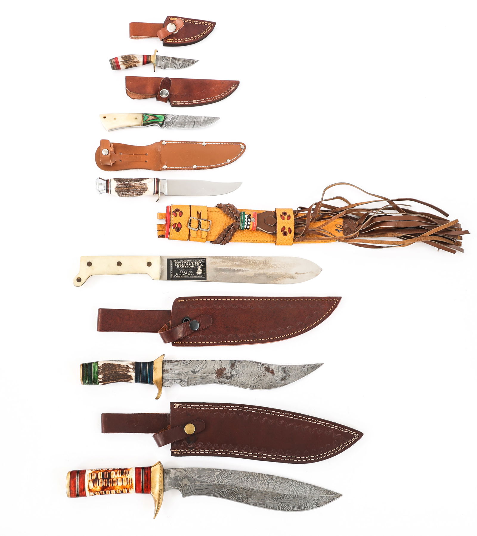 DAMASCUS ETCHED HUNTING KNIFE & MACHETE LOT OF 6: DAMASCUS ETCHED HUNTING KNIFE & MACHETE LOT OF 6 Lot of 6 Damascus Acid Etched Hunting Knives and Machetes with Sheaths. Including contemporary Collins & CO machete, Robert Klaas and unmarked hunting