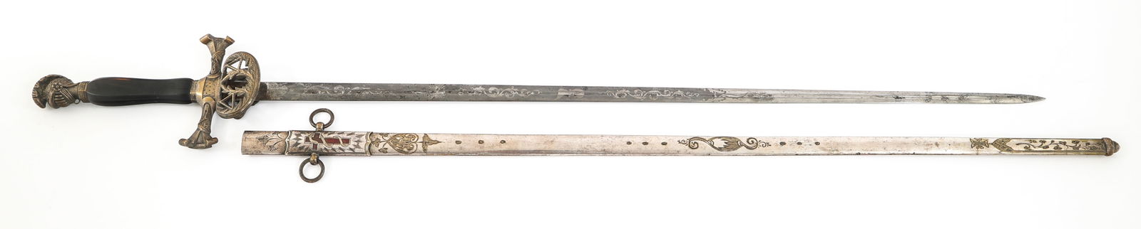 19th C. KNIGHTS TEMPLAR FRATERNAL SWORD: 19th C. KNIGHTS TEMPLAR FRATERNAL SWORD 19th C. Knights Templar Knight of the Brazen Serpent Fraternal Sword. Double edged, bright, double acid etched blade with fuller. Knights Templar / floral desig