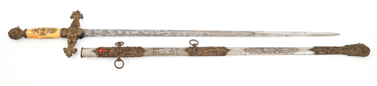 EARLY 20th C. KNIGHTS TEMPLAR NAMED SWORD: EARLY 20th C. KNIGHTS TEMPLAR NAMED SWORD Early 20th C. Knights Templar Named Fraternal Sword. Double edged, bright, double acid etched blade. "R. L. Ervin" and floral patterns etched on one side of t