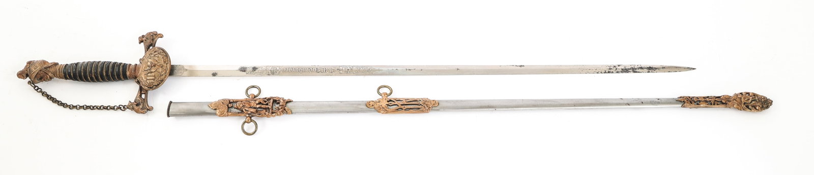 19th C. KNIGHTS OF PYTHIAS FRATERNAL NAMED SWORD: 19th C. KNIGHTS OF PYTHIAS FRATERNAL NAMED SWORD Early 20th C. Knights Templar Named Fraternal Sword. Named to J.W. Hadenburger. Double edged, bright, straight blade. Single acid etched with name and 