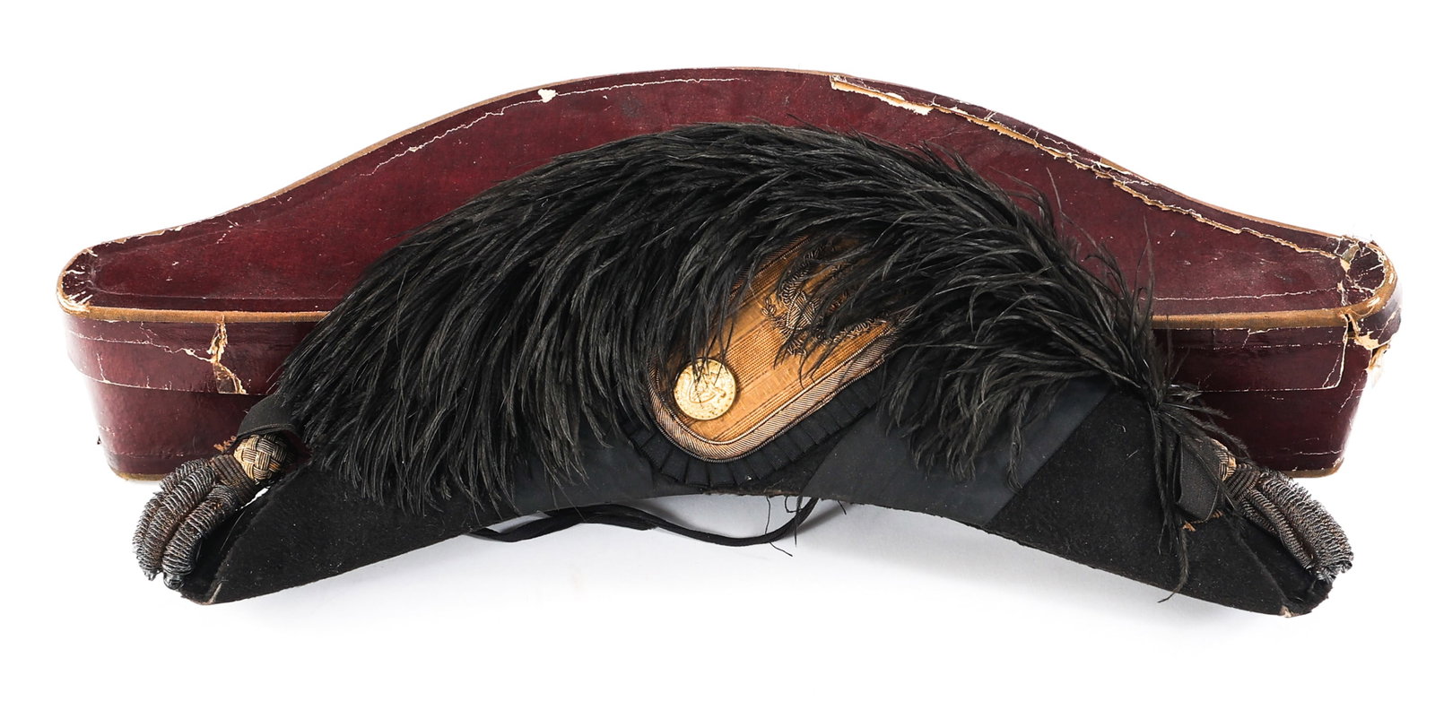 INDIAN WARS MASS STATE MILITA OFFICER'S CHAPEAU: INDIAN WARS MASS STATE MILITA OFFICER'S CHAPEAU Indian Wars US State of Massachusetts's Militia Officer Chapeau Hat. Black felt construction with black feathers. Silver bullion tassels on the front an