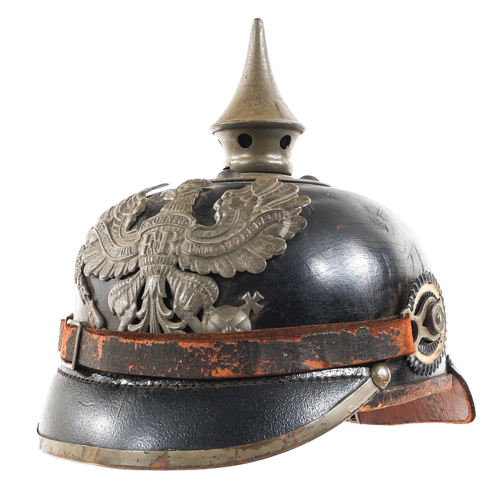 IMPERIAL GERMAN PRUSSIAN M1915 EM/NCO PICKELHAUBE: IMPERIAL GERMAN PRUSSIAN M1915 EM/NCO PICKELHAUBE WWI Imperial German Prussian M1915 Enlisted / NCO Pickelhaube Helmet. Leather shell with steel spike, alloy spine and visor brim. Steel Prussian front