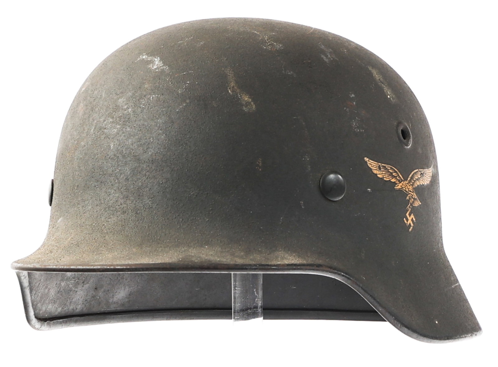 WWII GERMAN LUFTWAFFE M40 SD COMBAT HELMET: WWII GERMAN LUFTWAFFE M40 SD COMBAT HELMET WWII German Luftwaffe M40 Single Decal Combat Helmet. Luftwaffe decal on left side below vent hole. Maker marked "Q64" and serial number "D1156" stamped on i