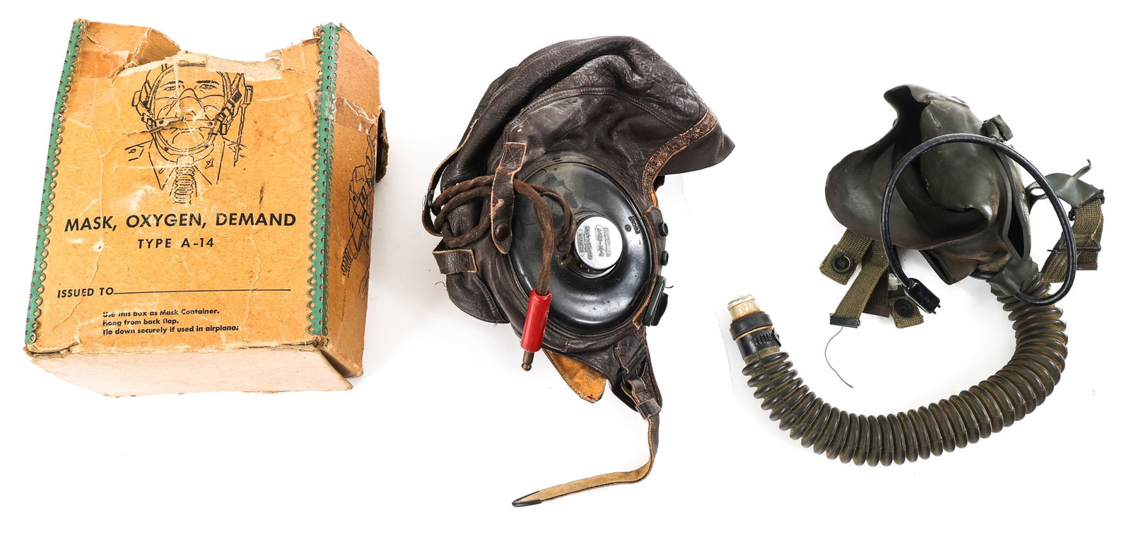 WWII USAAF TYPE A-11 FLIGHT HELMET & OXYGEN MASK: WWII USAAF TYPE A-11 FLIGHT HELMET & OXYGEN MASK WWII USAAF Flight helmet & Oxygen Mask. (1) A-11 Leather Flight Helmet. Maker marked by Mondl Mfg. Co. USAAF emblem printed on exterior & interior. ANB
