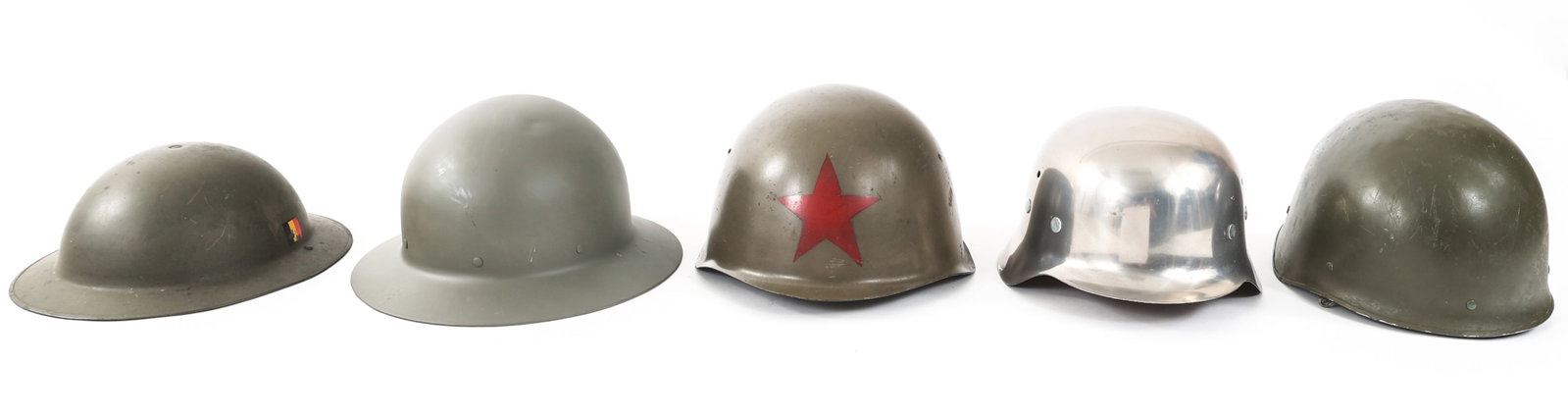 WWII - COLD WAR WORLD MILITARY & CIVILIAN HELMETS: WWII - COLD WAR WORLD MILITARY & CIVILIAN HELMETS Lot of 5 WWII - Cold War World Military & Civilian Helmets. (1) Belgian Mk. II with Belgian flag decal, chinstrap, and liner. (1) US Civil Defense Hel