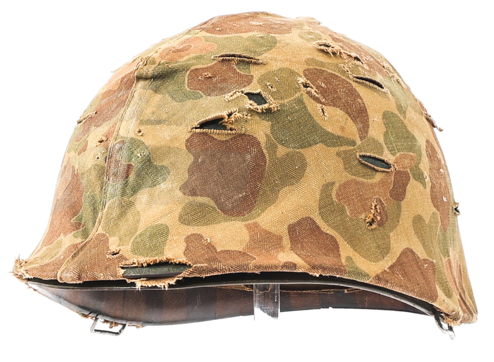 KOREAN WAR USMC M1 HELMET W/ FROG SKIN CAMO COVER: KOREAN WAR USMC M1 HELMET W/ FROG SKIN CAMO COVER Korean War USMC M1 Combat Helmet and Liner with Frog Skin Camo Cover dated 1953. Lot number "M186A" heat stamped near the rim. Rear seam with swivel b
