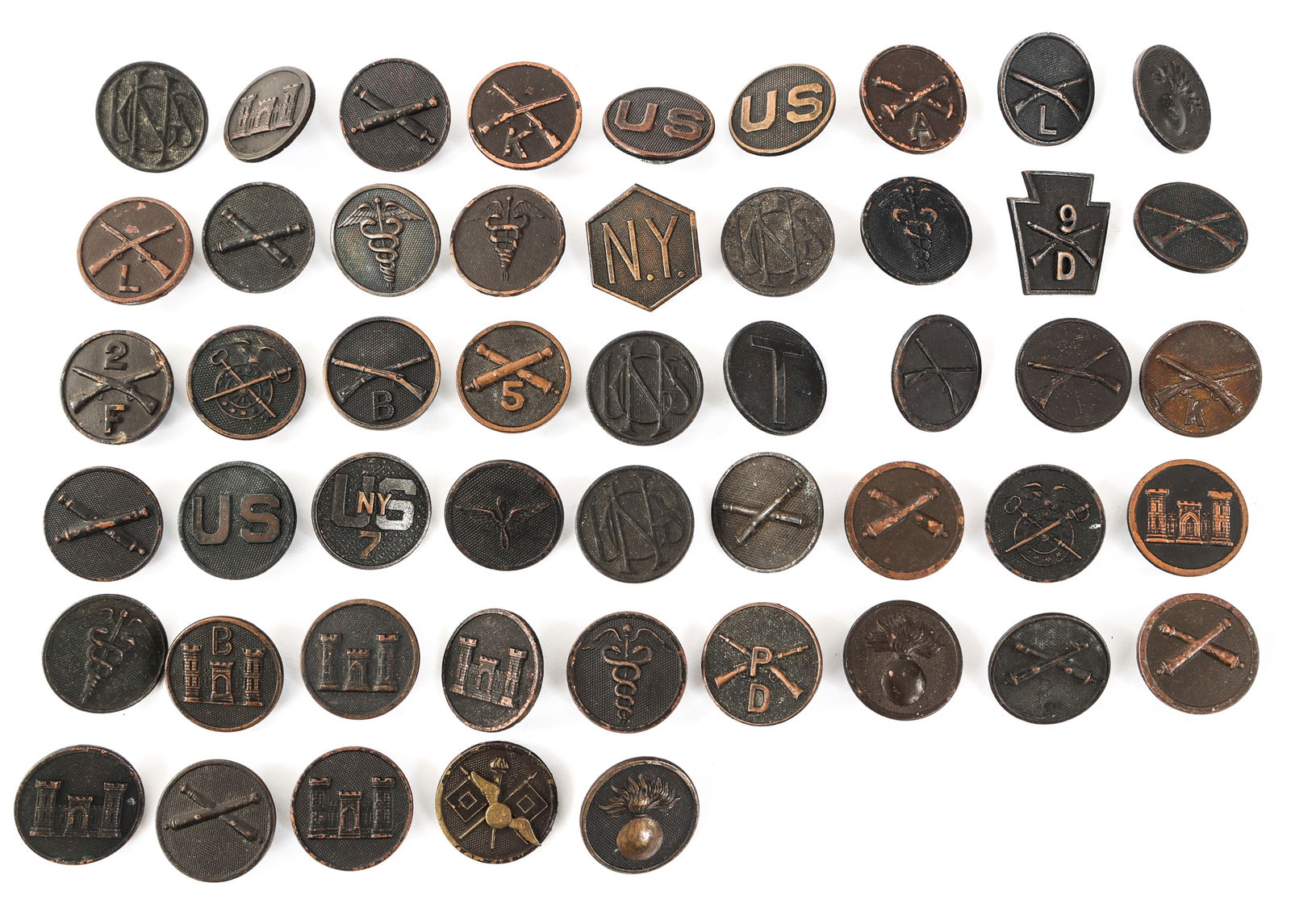 WWI US ARMY COLLAR DISK LOT OF 50: WWI US ARMY COLLAR DISK LOT OF 50 Approximately 50 WWI US Army Collar Disks. Includes Signal Corps Aviation Section, Medical Corps, Engineer Corps, Quartermaster, Infantry, Artillery, and more.