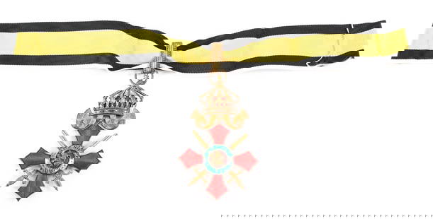 WWI - WWII BULGARIAN 3rd CLASS COMMANDERS CROSS: WWI - WWII BULGARIAN 3rd CLASS COMMANDERS CROSS WWI - WWI - WWII Bulgarian Order of Military Merit 3rd Class Commander's Cross. Crowned, red enameled cross with white, black, and yellow neck ribbon.
