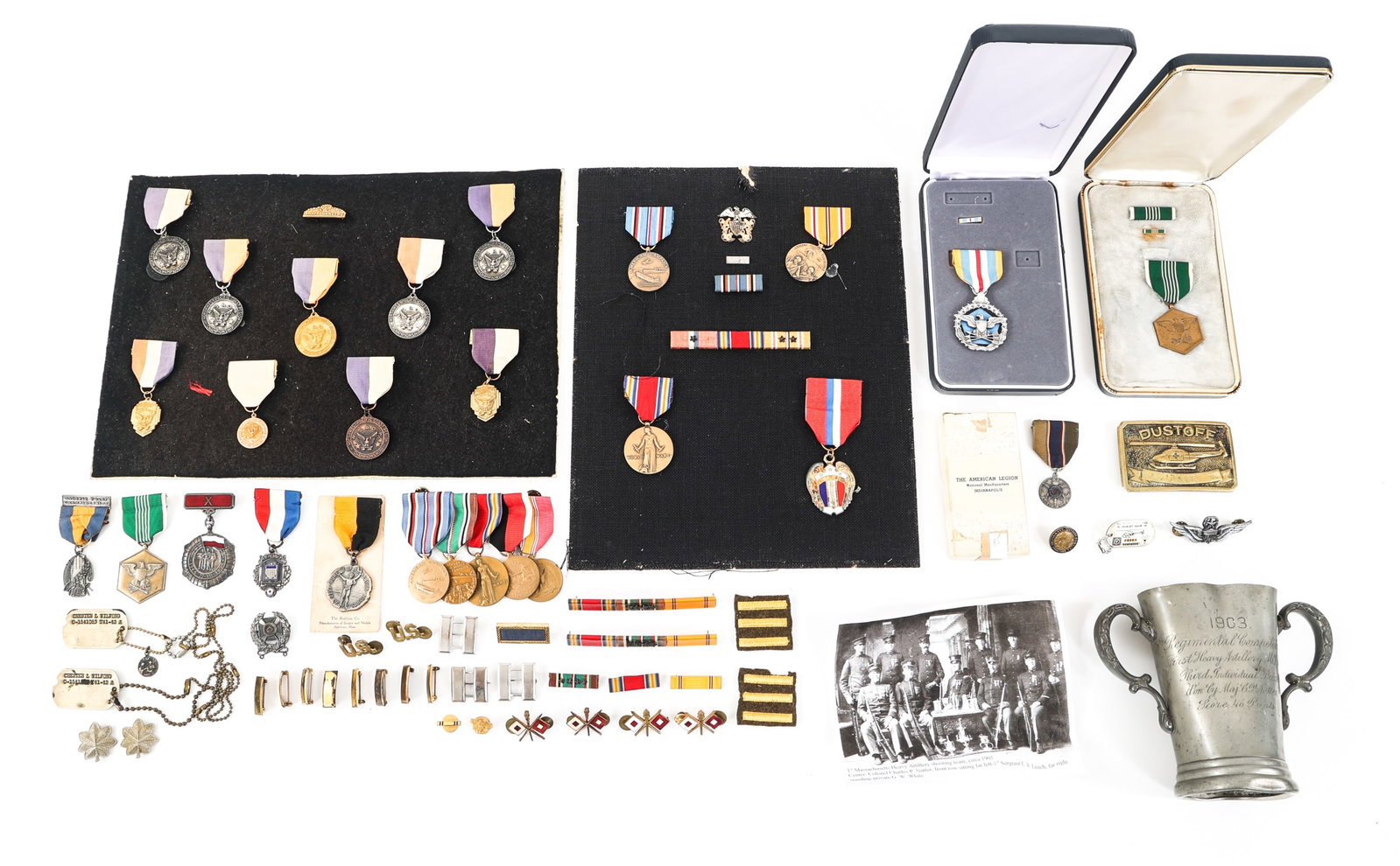WWI - CURRENT US INSIGNIA & MEDAL LOT: WWI - CURRENT US INSIGNIA & MEDAL LOT Lot of WWI - Current US Insignia & Medals. Includes 1903 1st Massachusetts Heavy Artillery regimental competition trophy with paper copy photograph of the unit. F