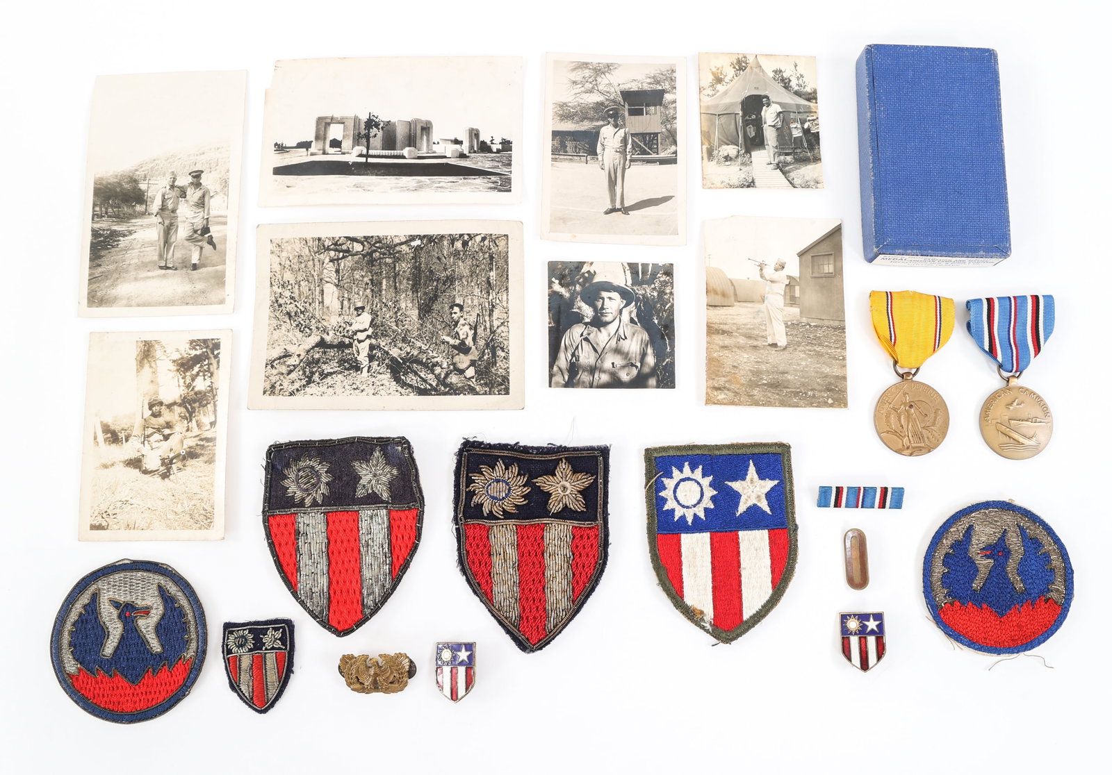 WWII US CBI PATCHES / PINS / PHOTOS & MEDAL LOT: WWII US CBI PATCHES / PINS / PHOTOS & MEDAL LOT Lot of WWII US China Burma India Theater Made Patches, Pins, Photos and Medals. Including CBI shoulder patches and pins, Southeast Asia Command bullion 