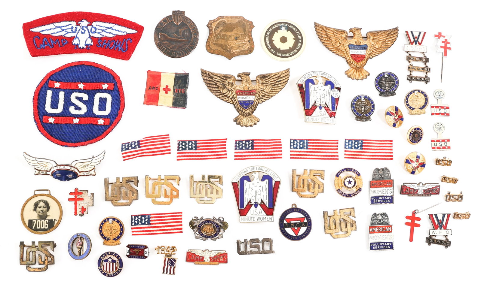 WWII US ARMY USO & AUXILIARY SERVICE INSIGNIA: WWII US ARMY USO & AUXILIARY SERVICE INSIGNIA Approximately 56 WWII US Army USO & Auxiliary Service Patches, Pins, Ribbons, and more.