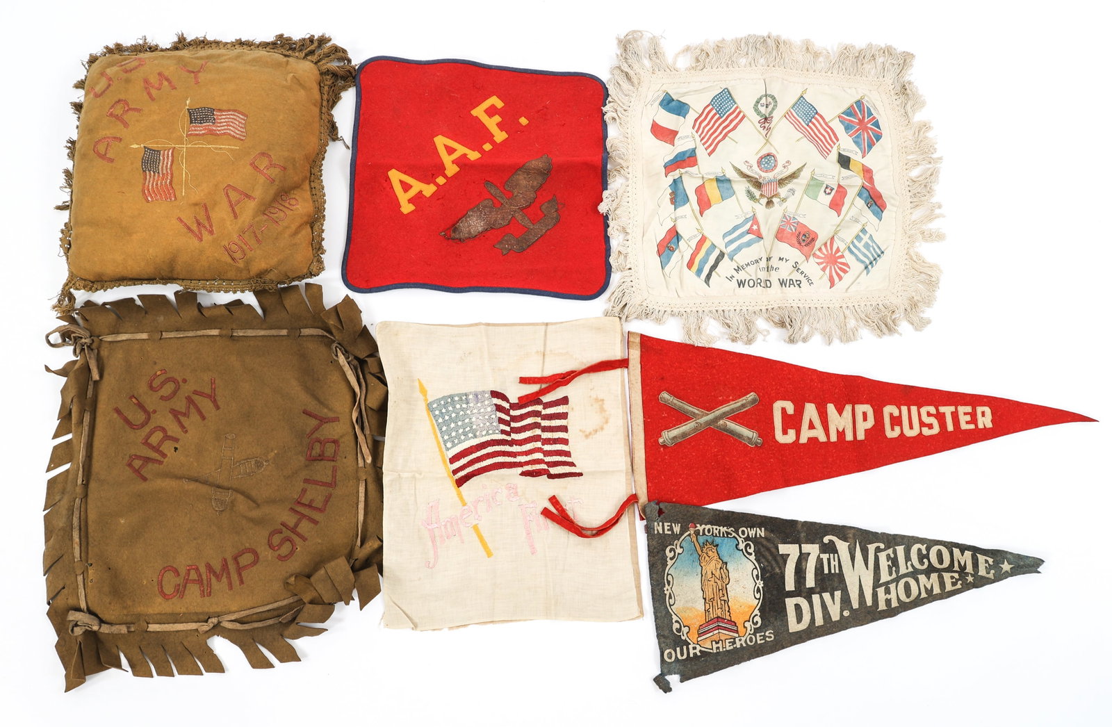 WWI US ARMY AEF PILLOW SHAM & PENNANT FLAGS: WWI US ARMY AEF PILLOW SHAM & PENNANT FLAGS WWI US Army AEF Pillow Sham and Pennant Flags. Includes Camp Custer and 77th Infantry Division pennants, Camp Shelby pillow case, AEF sham and more. Size: 1