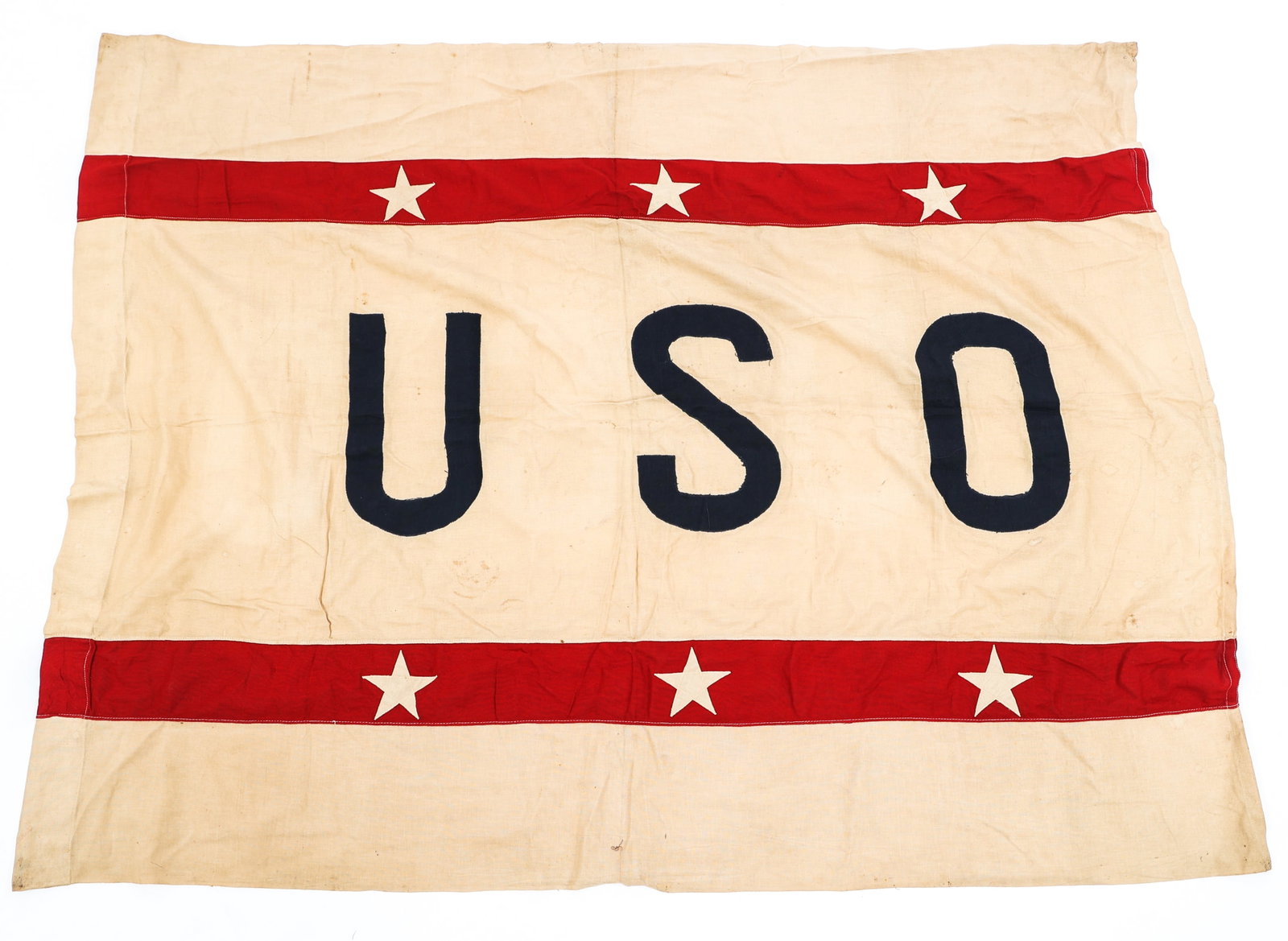 WWII USO TOUR FLAG: WWII USO TOUR FLAG WWII US United Service Organizations Flag. Double sided, multi-piece cotton construction with stitched emblem. Size: 42" x 60 1/2"