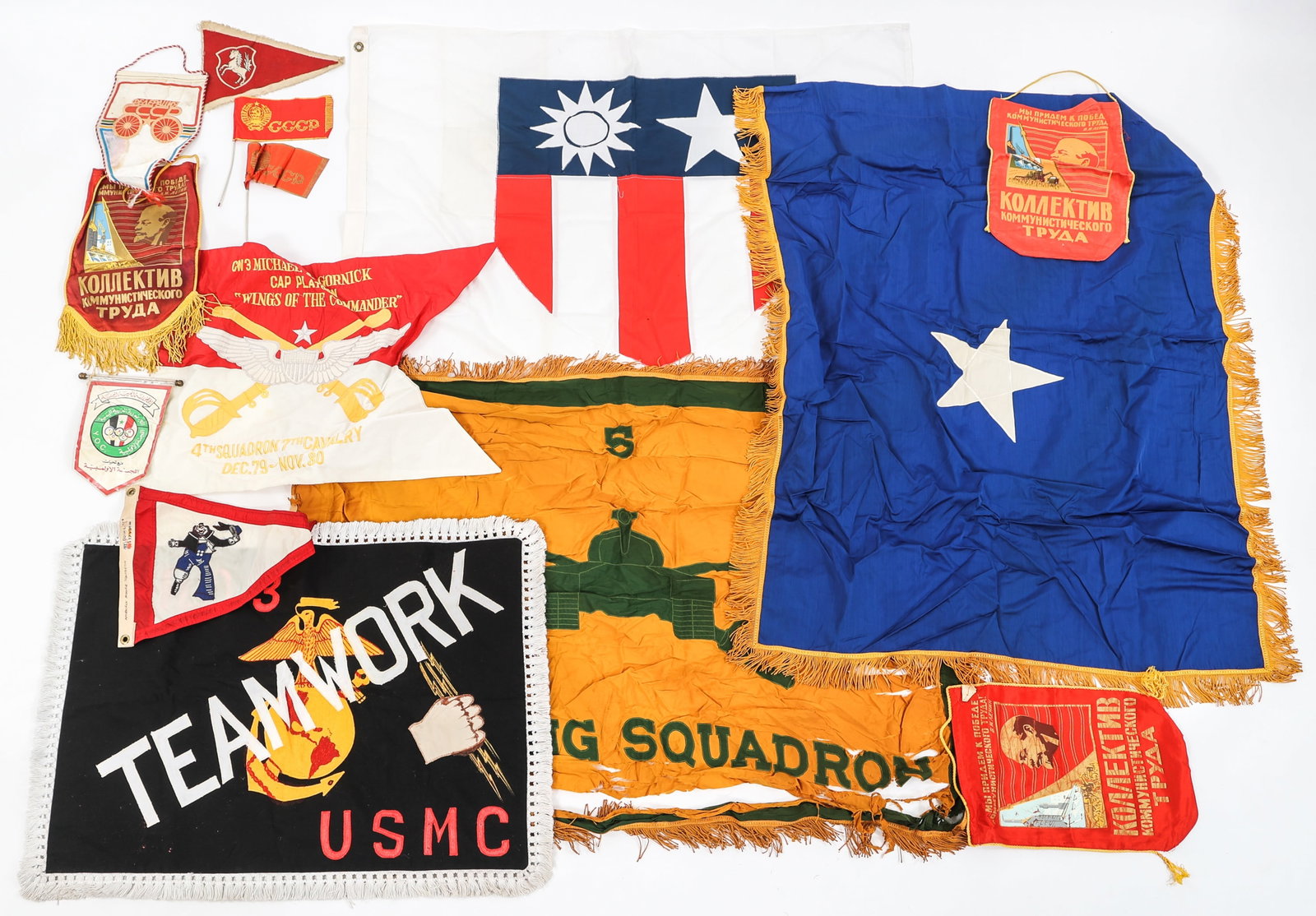 COLD WAR WORLD MILITARY & OLYMPIC FLAG LOT OF 14: COLD WAR WORLD MILITARY & OLYMPIC FLAG LOT OF 14 Cold War World Military & Olympic Committee Flags. Includes USMC Kilo 3 Flag, US Cavalry guidon, Soviet Union flags, Yemeni Olympic Committee flag, USA