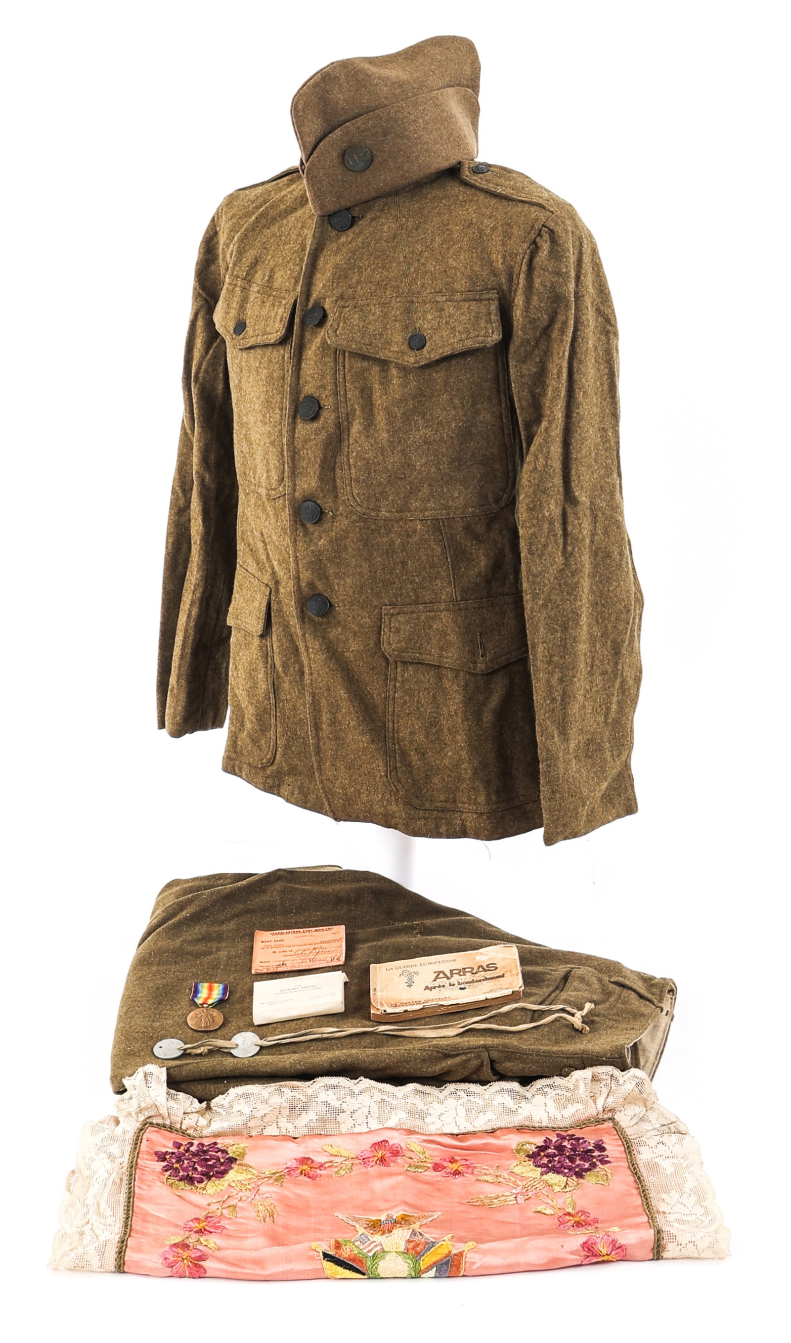 WWI US AEF NAMED UNIFORM GROUPING: WWI US AEF NAMED UNIFORM GROUPING WWI US American Expeditionary Forces Named Uniform Grouping. Named to Quartermaster Corps Sergeant John Koski. M1917 olive drab wool tunic with Quartermaster Sergeant