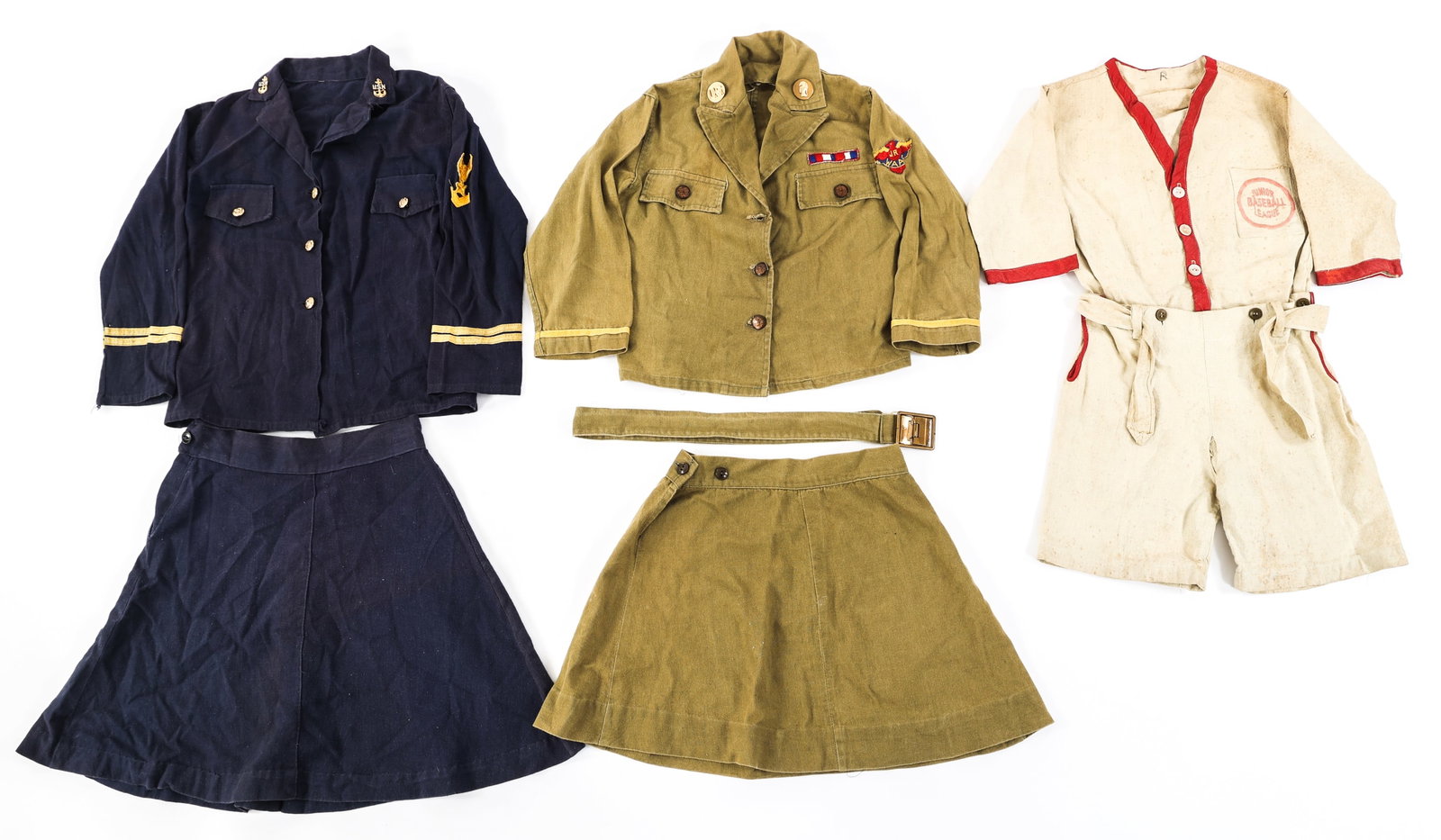 WWII US YOUTH BASEBALL / USN & JR. WAAC UNIFORMS: WWII US YOUTH BASEBALL / USN & JR. WAAC UNIFORMS WWII US Children's Baseball, US Navy and Jr. WAAC Female Child's Uniforms. (10 Junior Baseball League Uniform. (1) US Navy Child's Uniform. Dark blue t