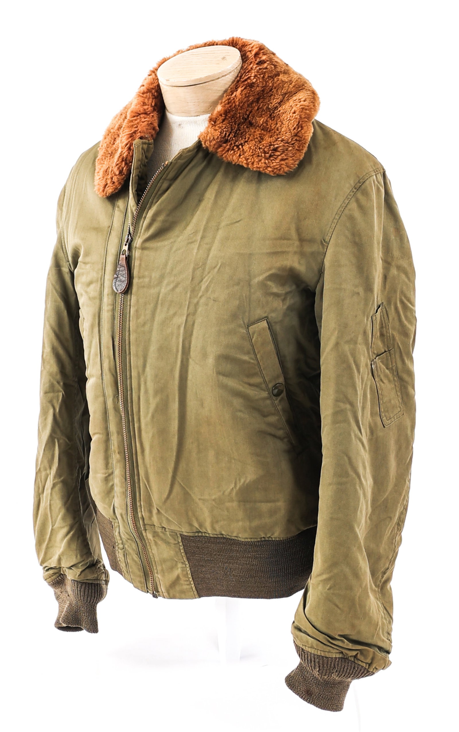 WWII USAAF TYPE B-15 FLIGHT JACKET: WWII USAAF TYPE B-15 FLIGHT JACKET WWII USAAF Type B-15 Flight Jacket. Olive Drab cotton - twill construction with alpaca fur liner and collar. USAAF printed shoulder insignia (Faded). Manufactured by