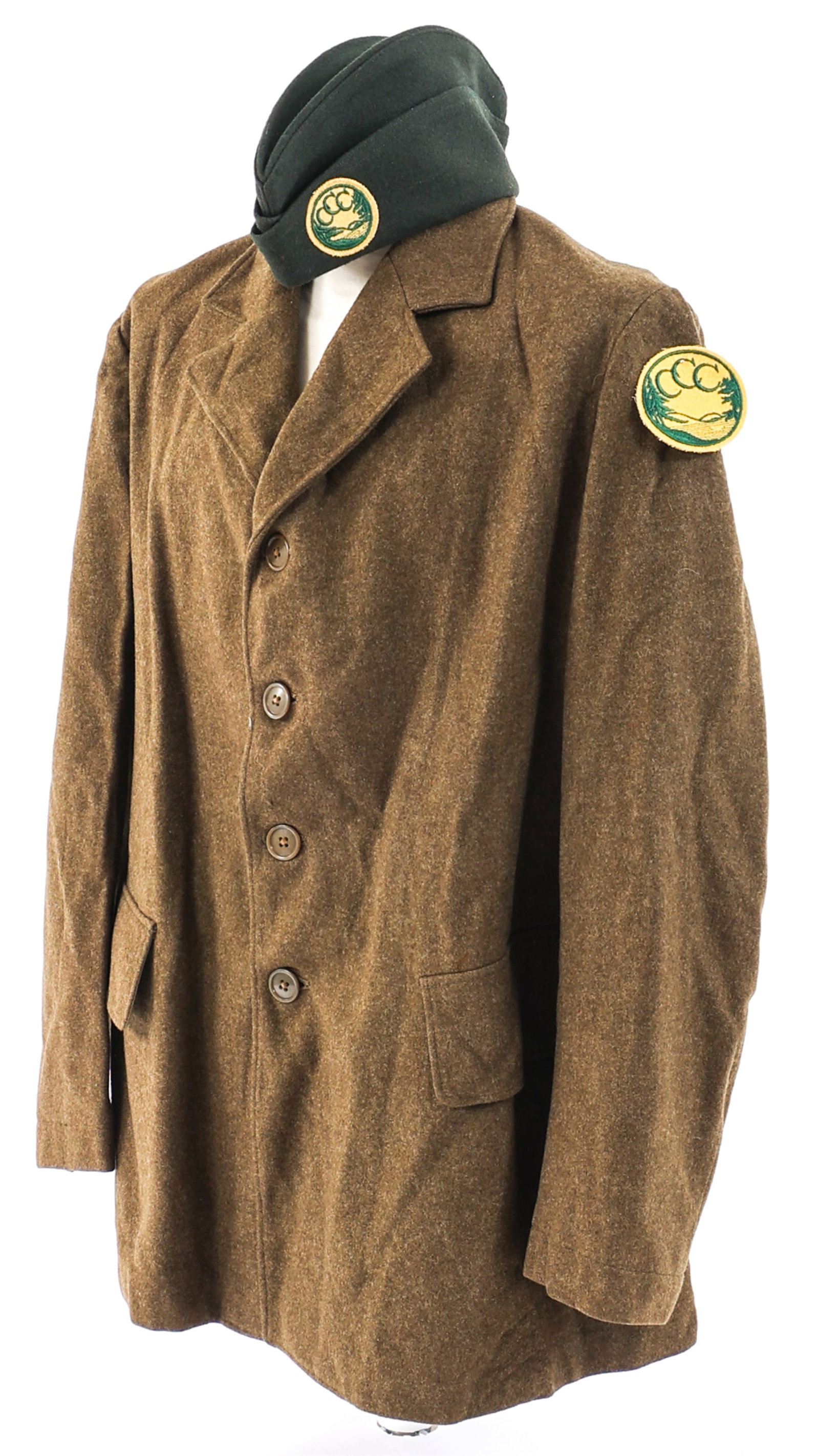 INTER WARS US CIVILIAN CONSERVATION CORPS UNIFORM: INTER WARS US CIVILIAN CONSERVATION CORPS UNIFORM Inter Wars Era US Civilian Conservation Corps Uniform Items. Includes olive drab rough-cut wool tunic with rank shoulder patch, CCC garrison cap, and 