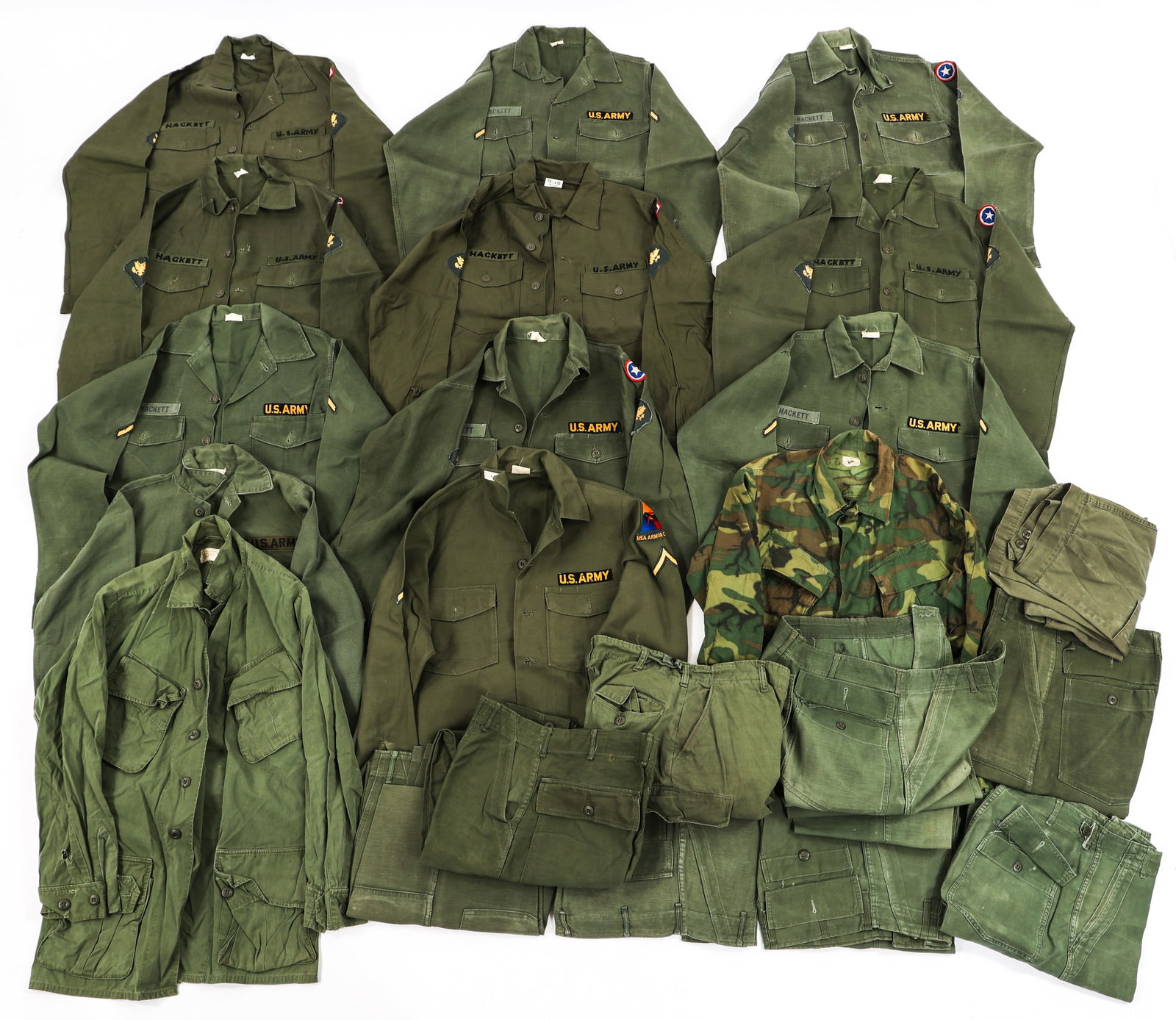 KOREAN WAR - VIETNAM WAR US ARMY UTILITY UNIFORMS: KOREAN WAR - VIETNAM WAR US ARMY UTILITY UNIFORMS Korean War - Vietnam War US Army Utility Uniforms. Includes OG-107 cotton utility shirts, some with unit / name / rank patches. Type III and ERDL Cott